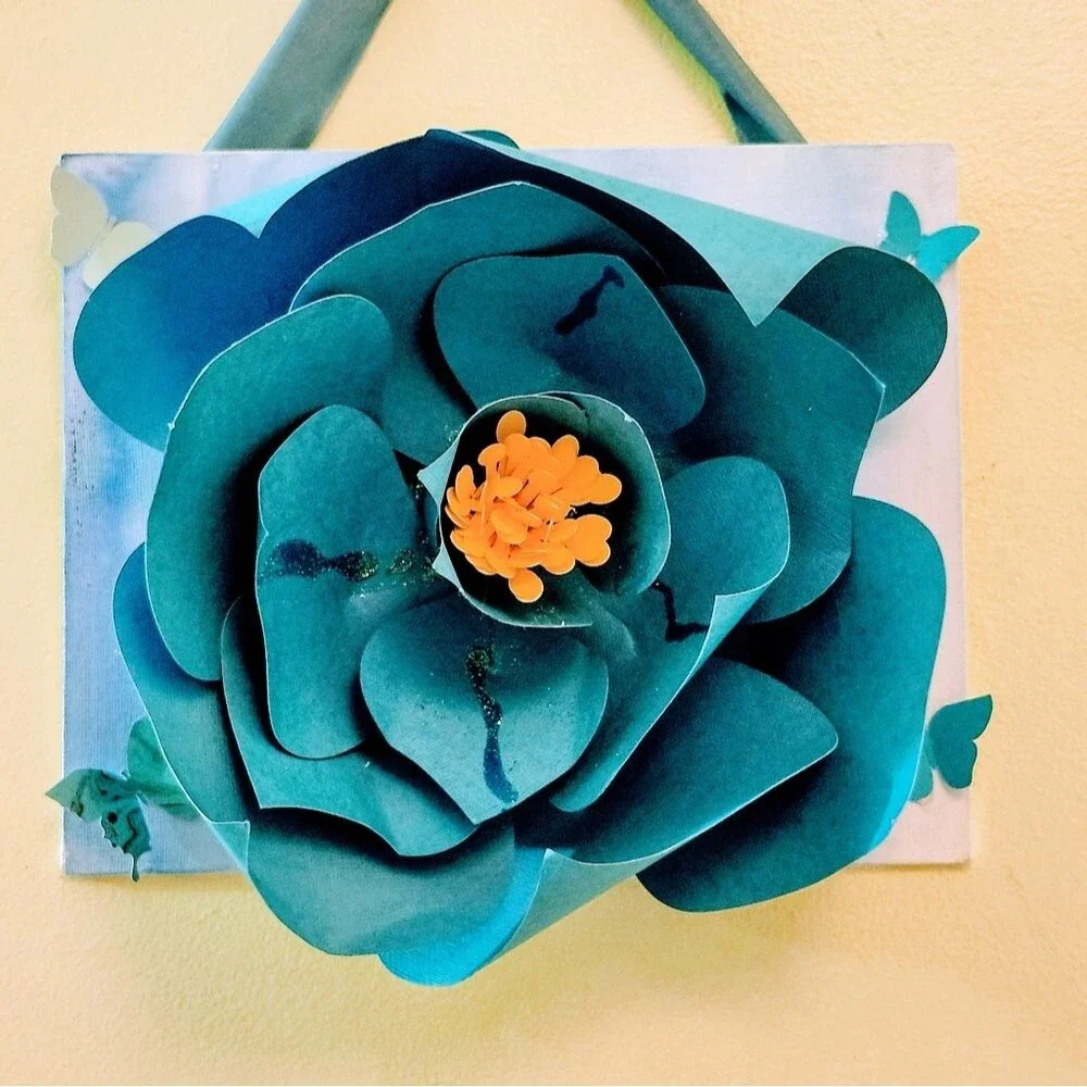Hand Crafted 3-D Rose Art Canvas Floral Blue Mixed Media 8x10 inch